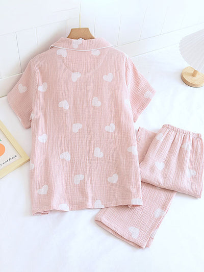 Franziska | Damen Pyjama-Set mit Herzmuster und Knopfleiste