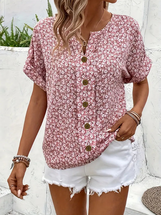 Annika | Damen Sommer Kurzarm Blusen-Top mit Knöpfen