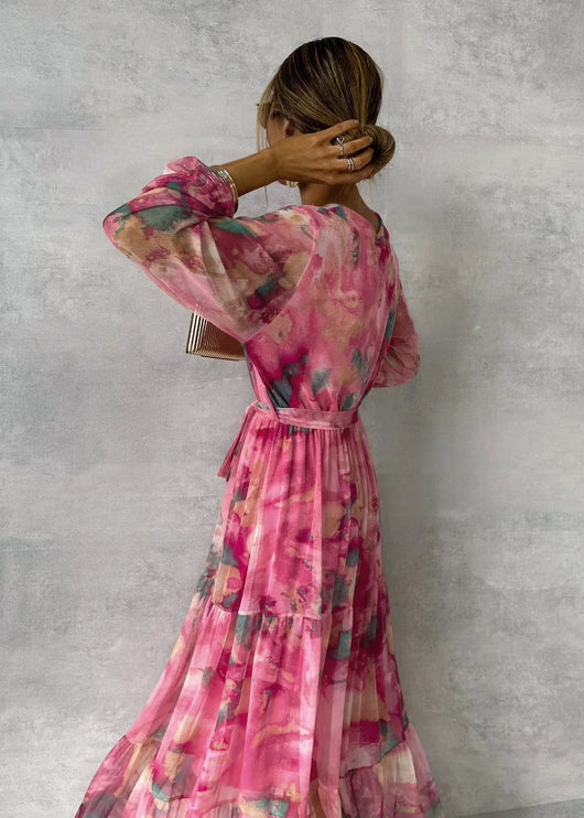Susanne | Damen Fließendes, plissiertes Maxikleid mit Gürtel und Blumenmuster