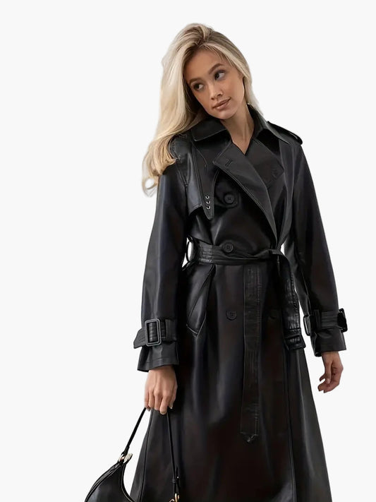 Edith | Damen Langer Gürtetragender Kunstleder Trenchcoat