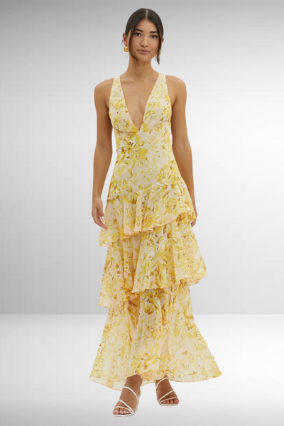 Emilia | Damen Elegantes Geblümtes Stufen-Maxikleid