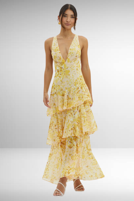 Emilia | Damen Elegantes Geblümtes Stufen-Maxikleid