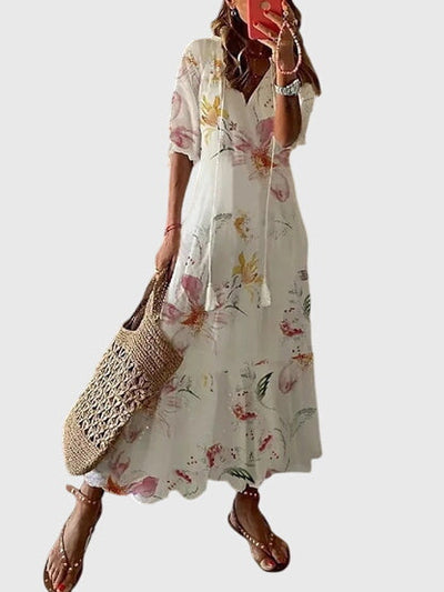 Michaela | Damen Boho Maxikleid mit V-Ausschnitt