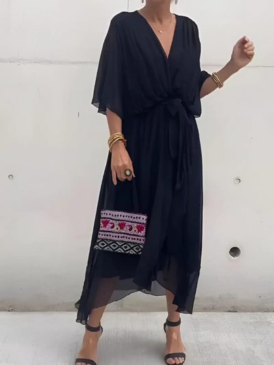 Helga | Damen Midi Kleid Mit Bindegürtel Und Flatterärmeln