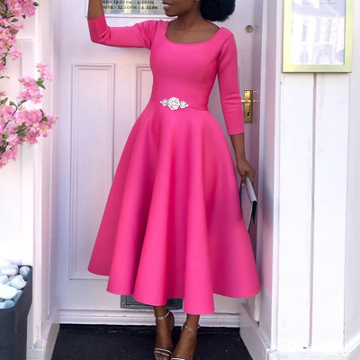 Felicia | Damen Schlichtes Midi-Kleid mit Rundhalsausschnitt
