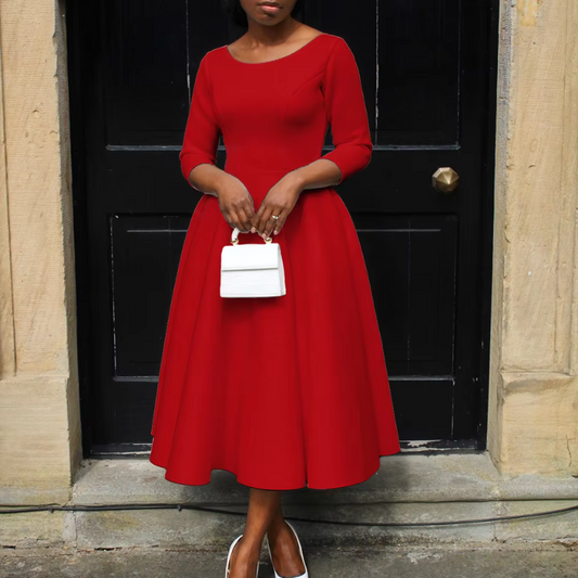 Felicia | Damen Schlichtes Midi-Kleid mit Rundhalsausschnitt