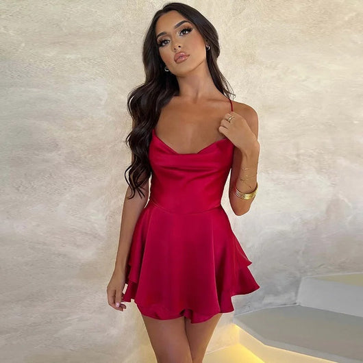 Amelie | Damen Satin Cocktailkleid Wickel-V-Ausschnitt Offener Rücken Mini