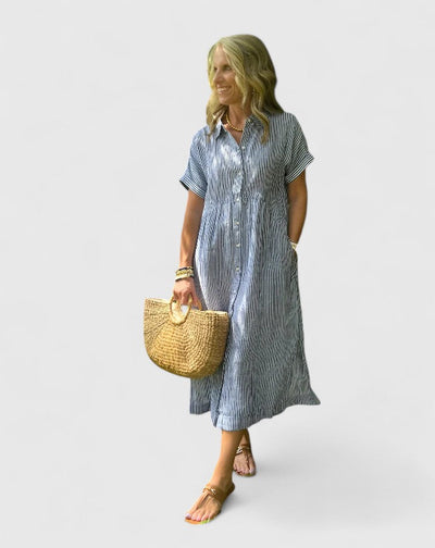 Maja | Damen Lockeres Gestreiftes Hemd-Midikleid