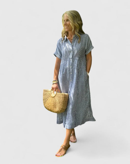 Maja | Damen Lockeres Gestreiftes Hemd-Midikleid