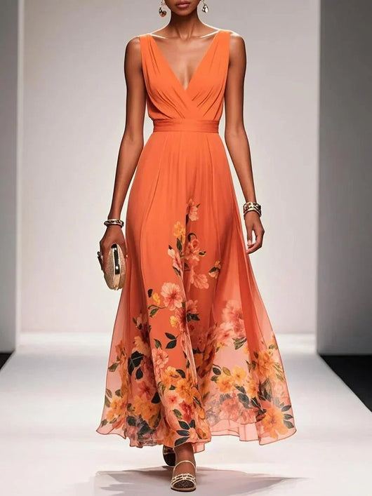 Carolin | Damen Florales Chiffon Sommer Maxikleid
