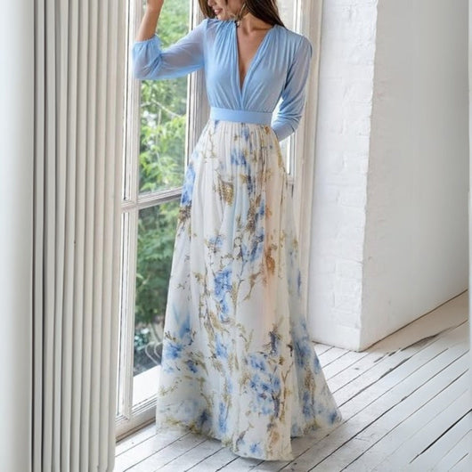 Doris | Damen Blumen V-Neck Maxi Kleid