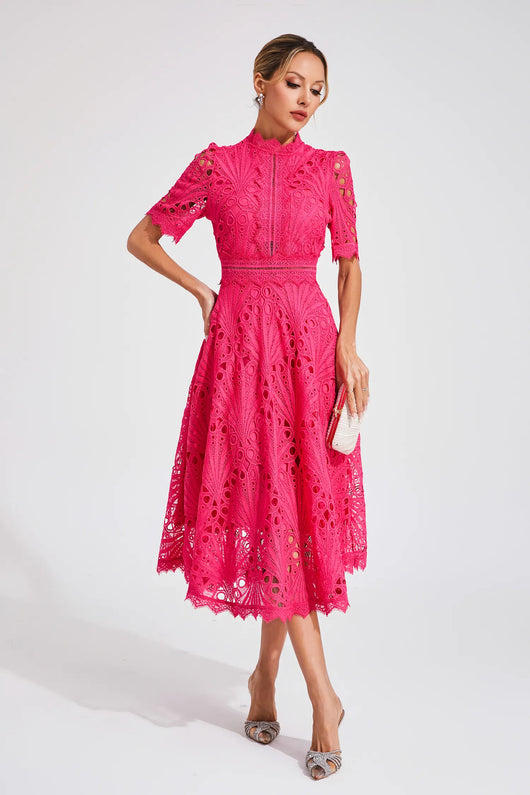 Jasmin | Damen Schickes Spitzen Midi Kleid