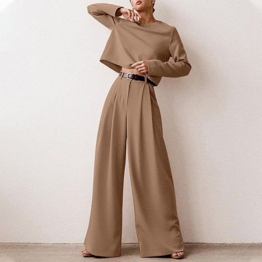 Anja | Damen Hosen-Set mit langärmligem Crop-Top
