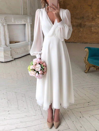 Birgit | Damen Klassisches Langarm Fließendes Brautkleid