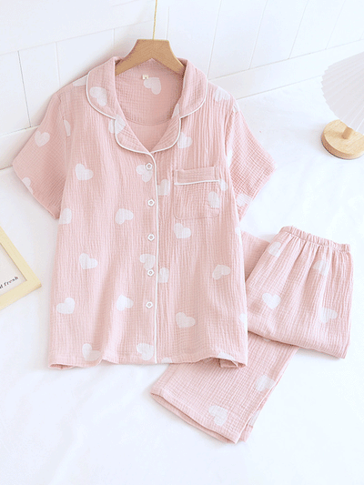 Franziska | Damen Pyjama-Set mit Herzmuster und Knopfleiste