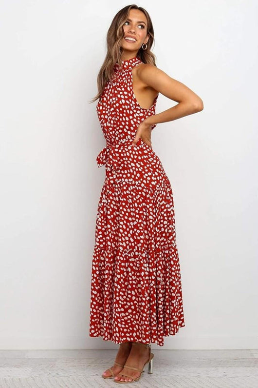 Karin | Damen Maxikleid mit Druckmuster, Neckholder und Taillenschleife