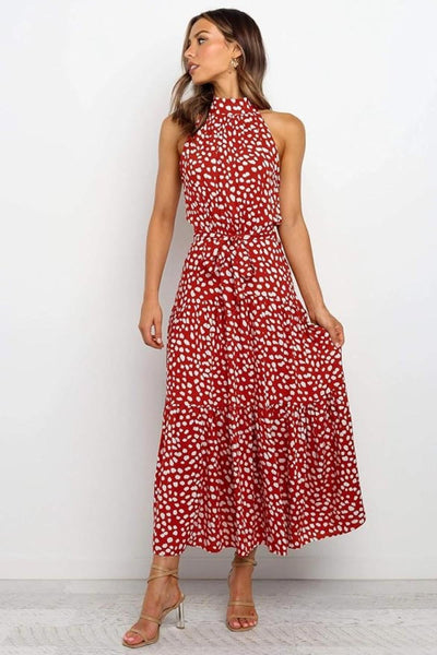 Karin | Damen Maxikleid mit Druckmuster, Neckholder und Taillenschleife