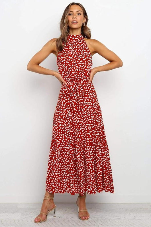 Karin | Damen Maxikleid mit Druckmuster, Neckholder und Taillenschleife