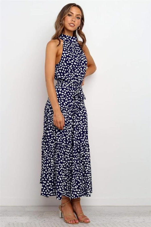Karin | Damen Maxikleid mit Druckmuster, Neckholder und Taillenschleife