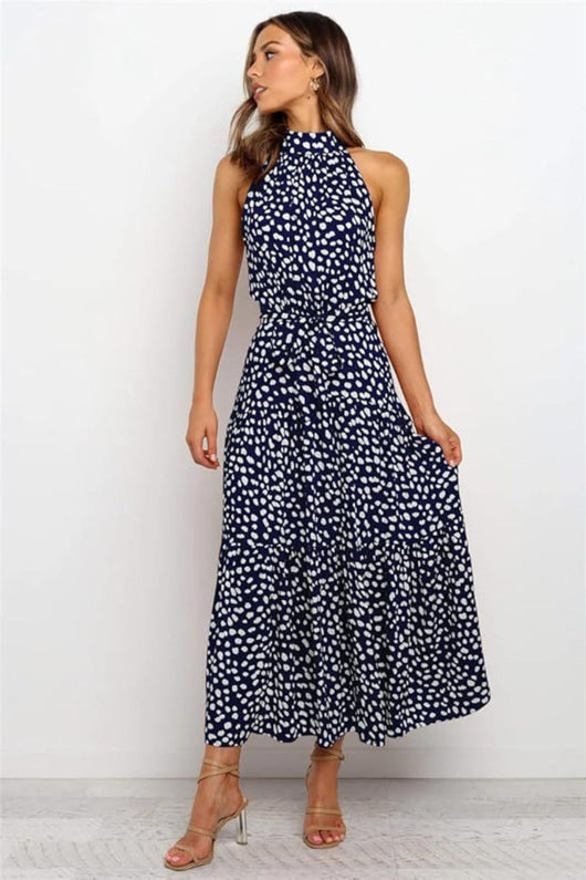 Karin | Damen Maxikleid mit Druckmuster, Neckholder und Taillenschleife