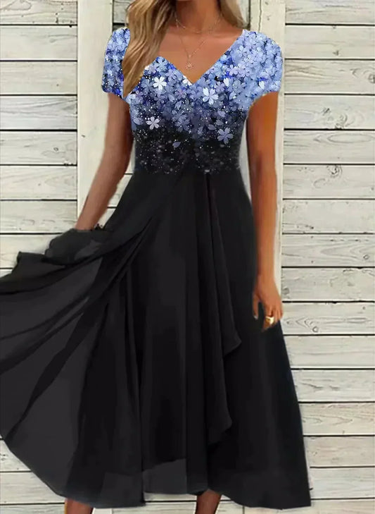 Yvonne | Damen Fließendes Blumen-Formkleid mit kurzen Ärmeln