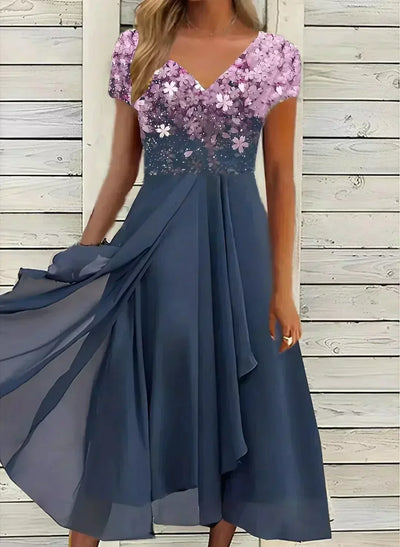 Yvonne | Damen Fließendes Blumen-Formkleid mit kurzen Ärmeln