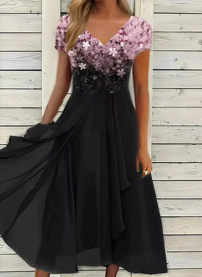 Yvonne | Damen Fließendes Blumen-Formkleid mit kurzen Ärmeln