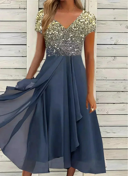 Yvonne | Damen Fließendes Blumen-Formkleid mit kurzen Ärmeln