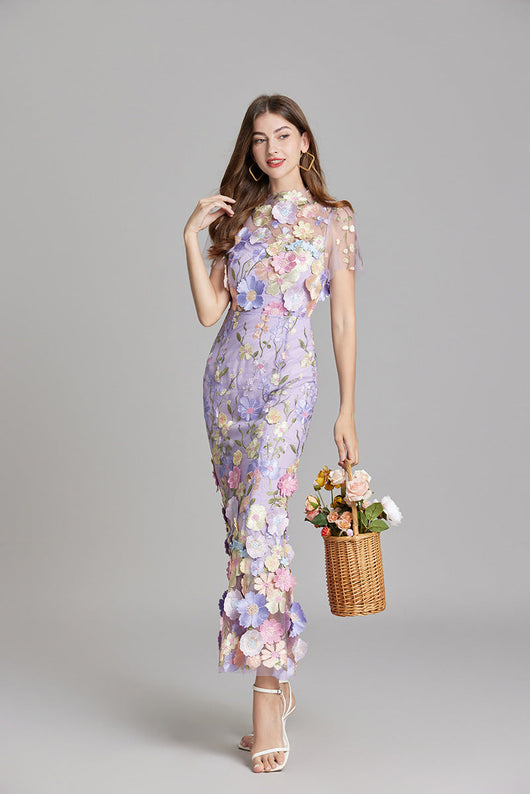 Verena | Damen Transparentes Maxikleid mit Blumenstickerei