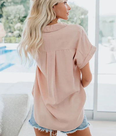 Edith | Damen Kurzarm Bluse Mit Knopfleiste Und Kragen Mit Tasche