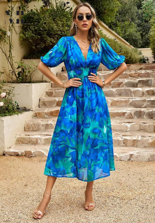 Doris | Damen Abstrakt Print Wickel Midi Kleid