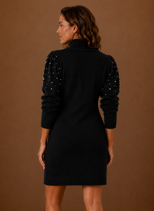Damen Strickkleid mit Perlen und hohem Ausschnitt