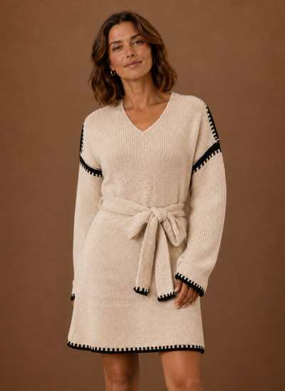 Damen Strickkleid mit V-Ausschnitt und Gürtel