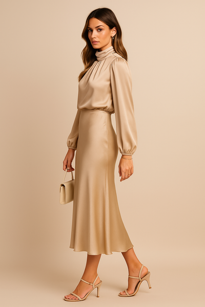 Monika | Damen Langarm High-Neck Midikleid