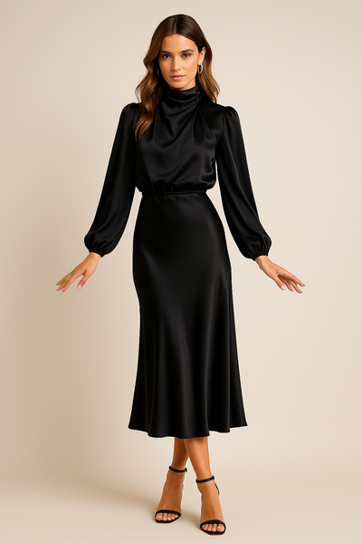 Monika | Damen Langarm High-Neck Midikleid