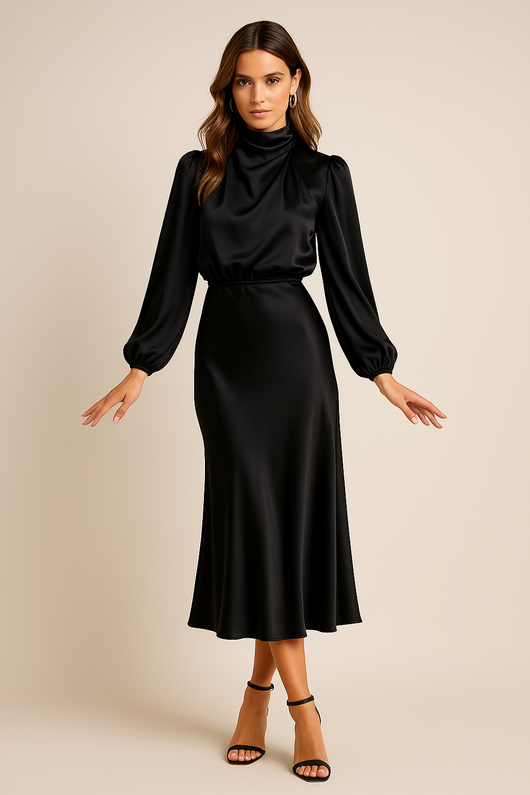 Monika | Damen Langarm High-Neck Midikleid