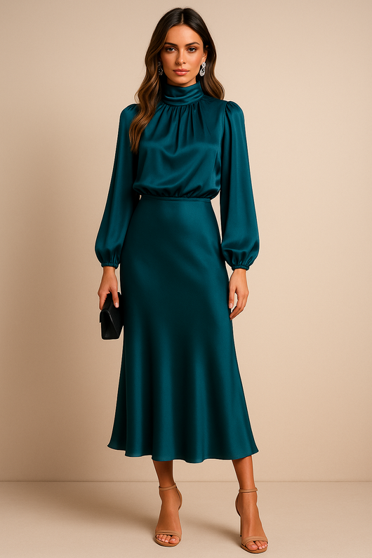 Monika | Damen Langarm High-Neck Midikleid
