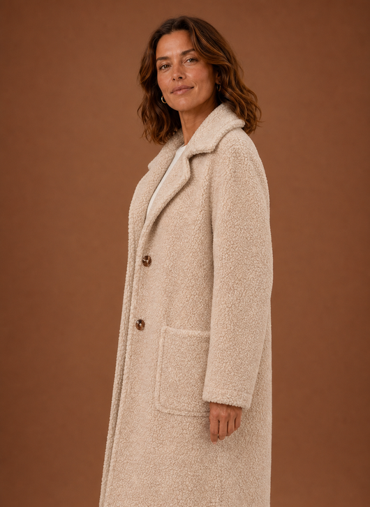 Damen Teddymantel lang mit Zweireiher