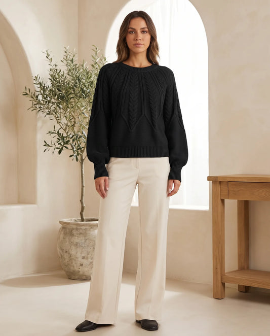Isla Zopfstrickpullover mit Rundhals – Schwarz