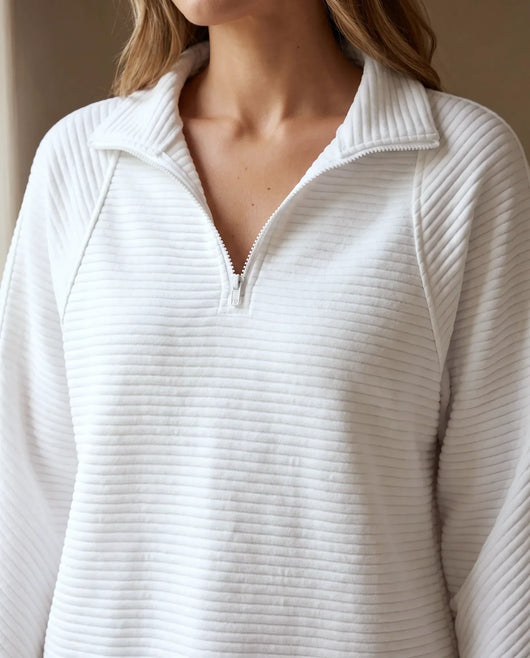 Sylvie Pullover mit Half-Zip und Stehkragen – Weiß