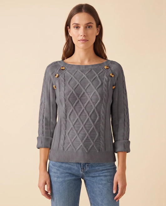 Ivy Zopfstrickpullover mit Knöpfen an der Schulter