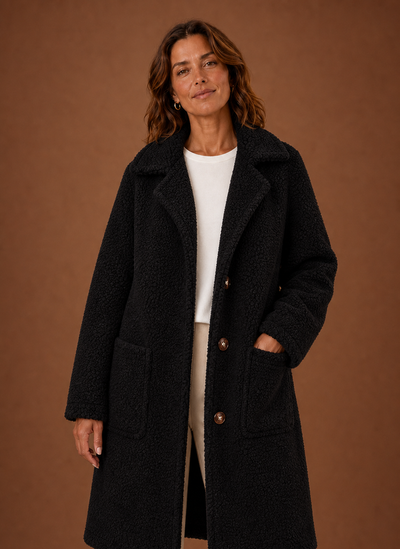 Damen Teddymantel lang mit Zweireiher