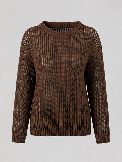 Calder Open Weave Knit Sweater in chocolate brown, product shot