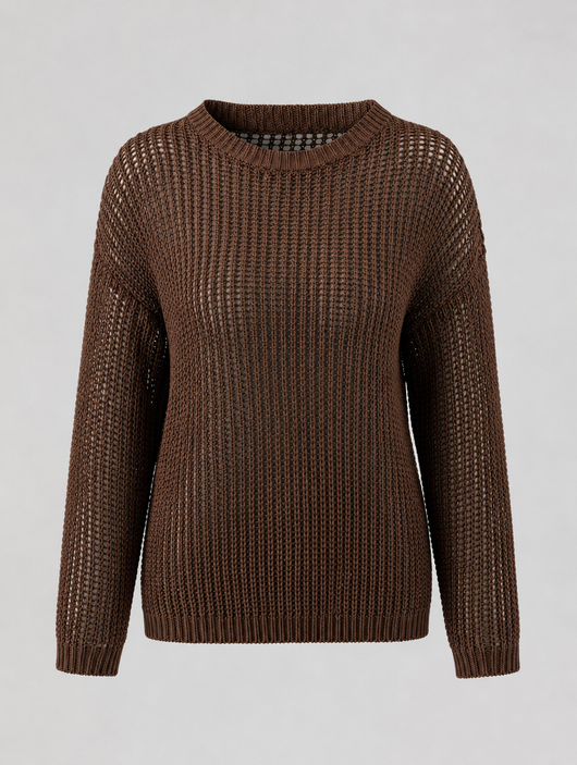 Calder Open Weave Knit Sweater in chocolate brown, product shot