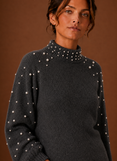 Damen Strickpullover mit Perlenbesatz