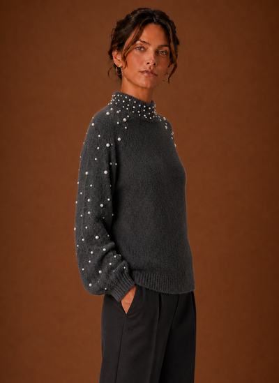 Damen Strickpullover mit Perlenbesatz