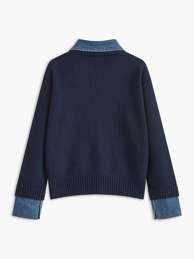 Amelie | Damen 2-in-1 Strick-Sweater mit Denim-Kragen und Metallknöpfen