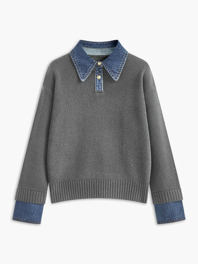 Amelie | Damen 2-in-1 Strick-Sweater mit Denim-Kragen und Metallknöpfen