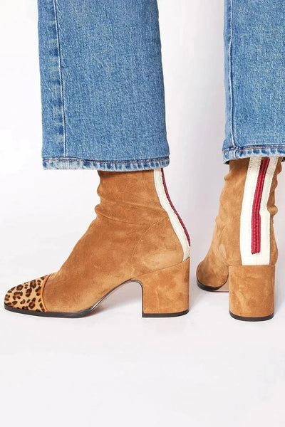 Lena | Damen Ankle Boots Velours Blockabsatz Leopardenmuster Kappe Reißverschluss