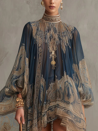 Sophie | Damen Barock Chiffon High-Neck Kleid Fließende Ärmel